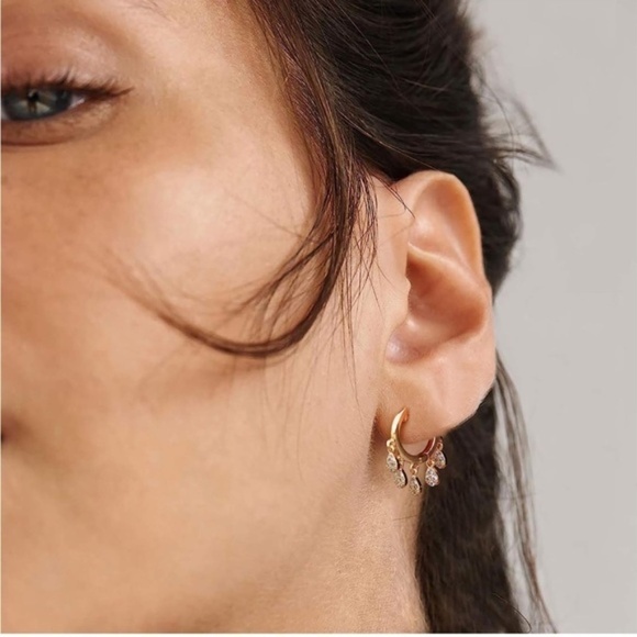 Gold 14k Gold Plated Tassel Cubic Zirconia Hoop Earrings - Picture 3 of 4